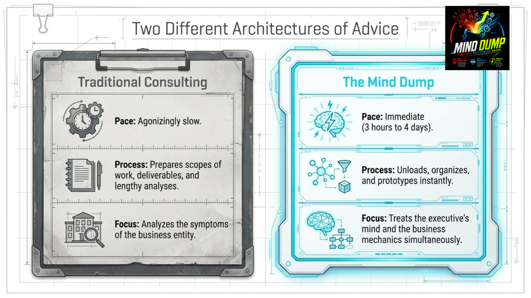 Two Different Architectures of Advice — Traditional Consulting vs. The Mind Dump